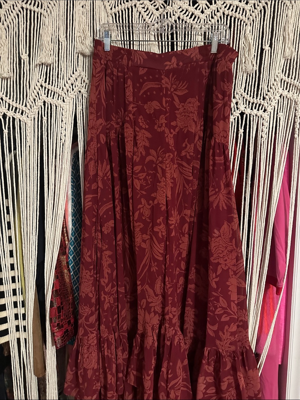 Free People Burgundy Floral Maxi Skirt with Rust Accents